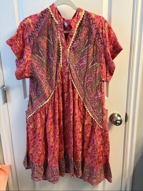 Shop Stevie Pink Paisley Boho Tunic Dress with Yellow Trim